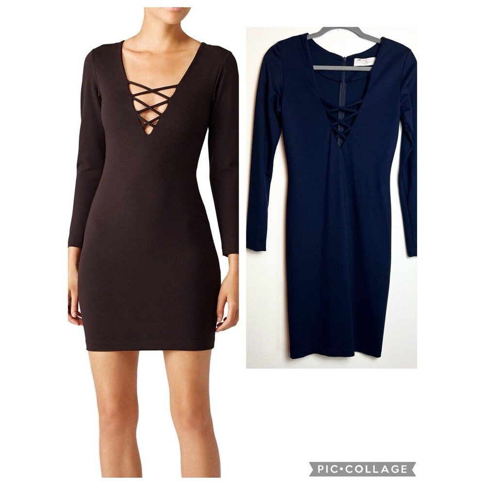 Amanda Uprichard Long Sleeve Strappy V-neck Bodycon Dress Navy Blue Sz S